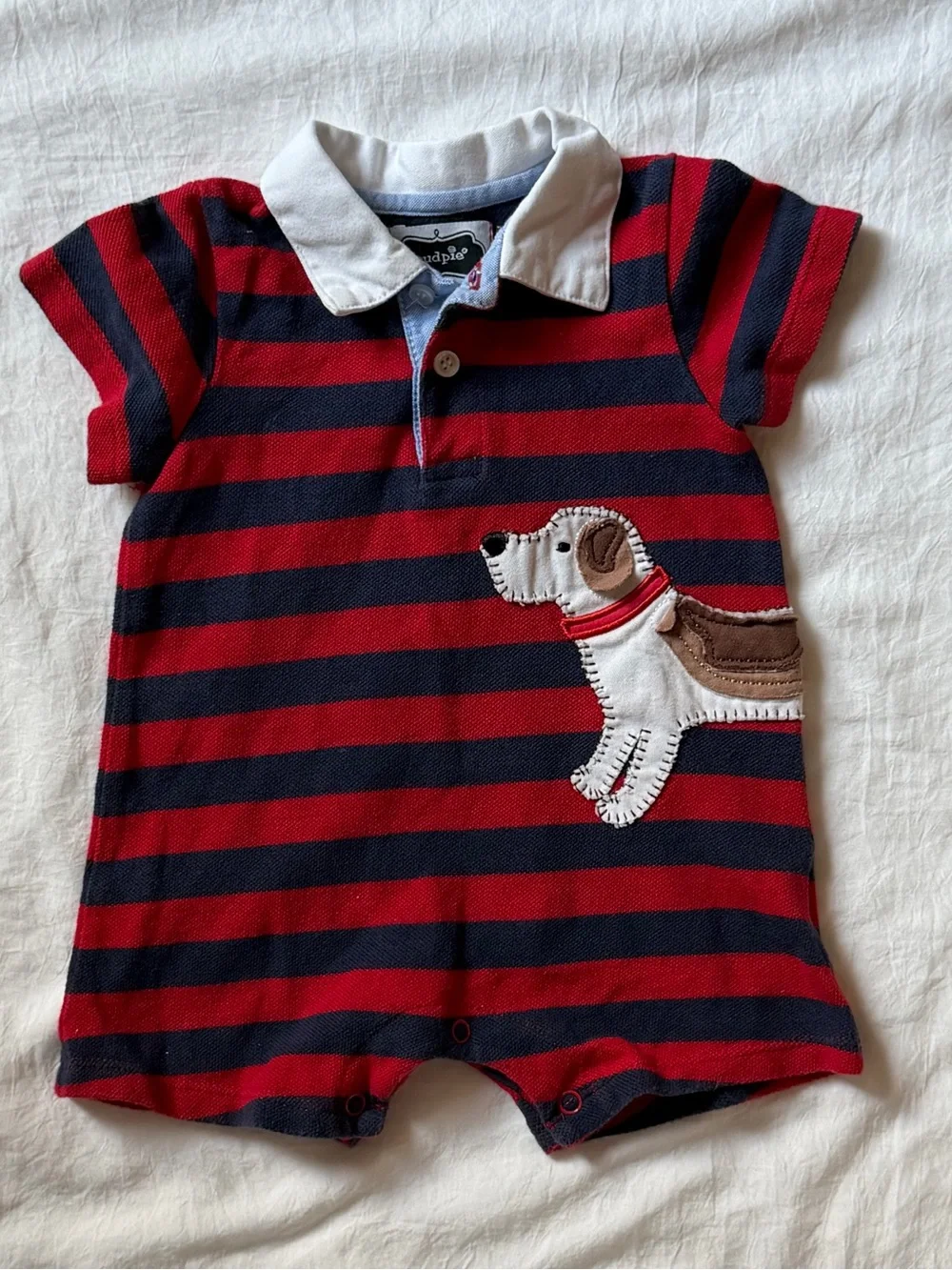 Mud Pie Baby 6-9M Red Navy Striped Polo Romper Puppy Dog Appliqué